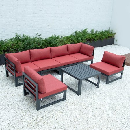 LEISUREMOD Chelsea 7-Piece Patio Sectional And Coffee Table Set Black Aluminum With Red Cushions CSTBL-7R